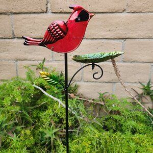 30.5" H, Artistic Glass & Metal Red Cardinal Bird Feeder Garden Stake With Leaf